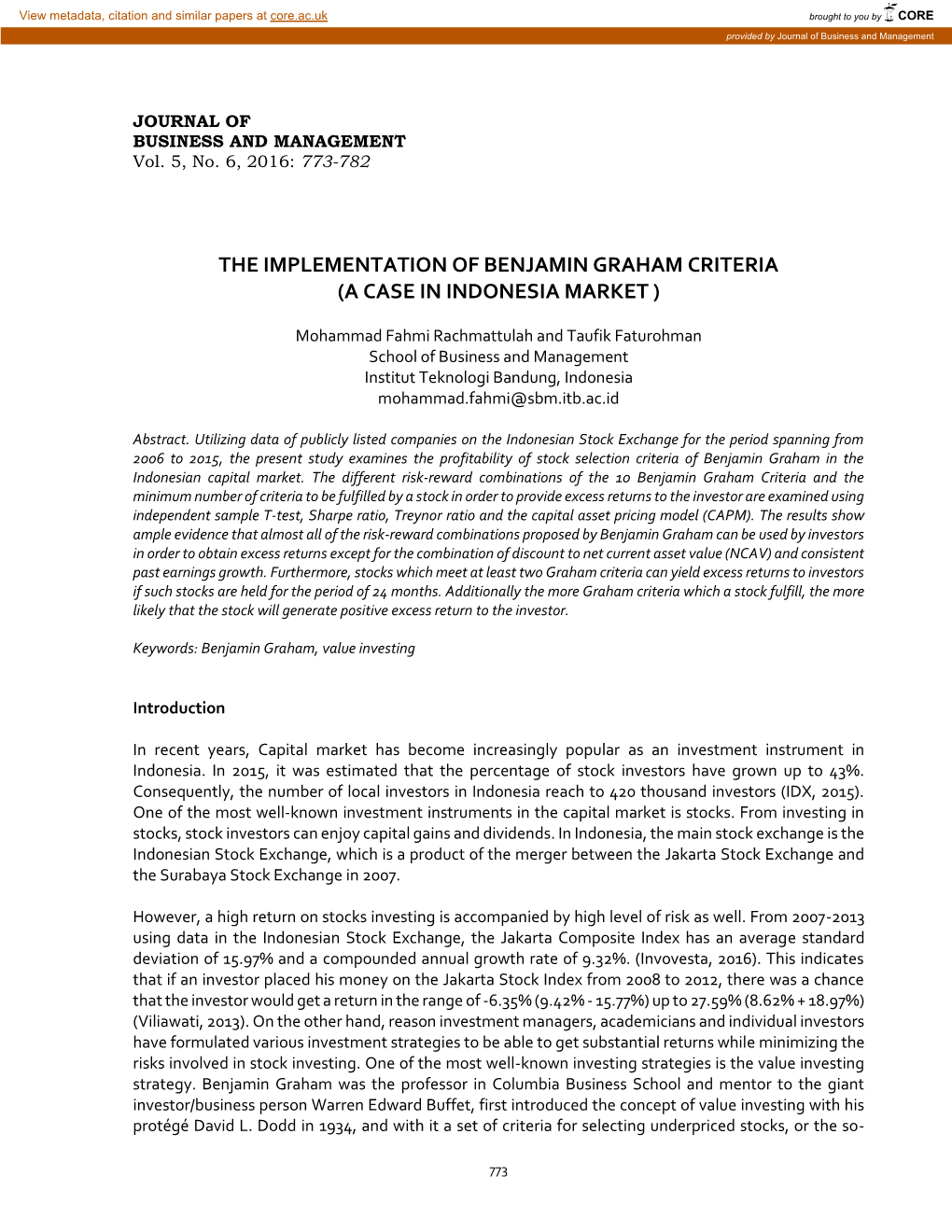 The Implementation of Benjamin Graham Criteria (A Case in Indonesia Market )