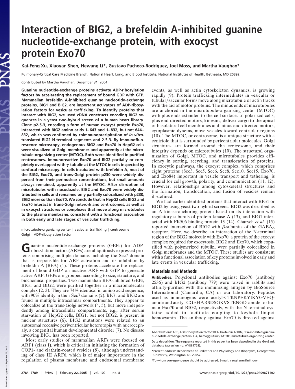 Interaction of BIG2, a Brefeldin A-Inhibited Guanine Nucleotide-Exchange Protein, with Exocyst Protein Exo70