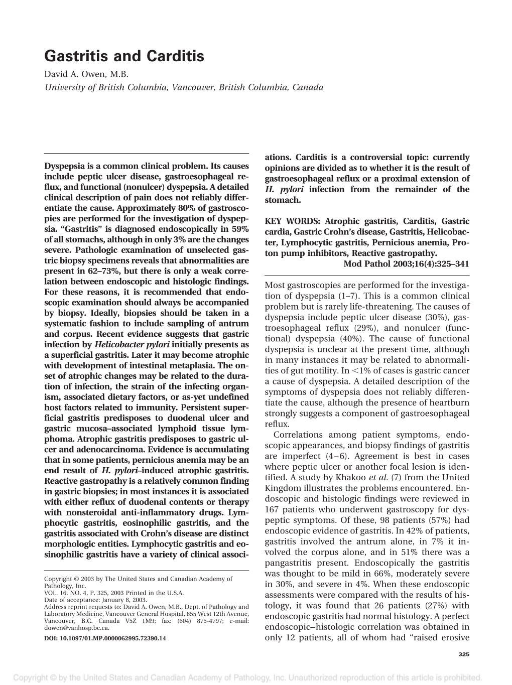 Gastritis and Carditis David A