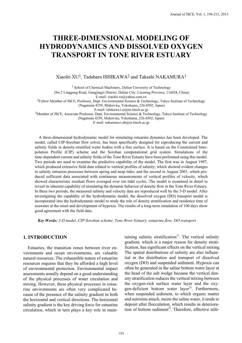 Three-Dimensional Modeling of Hydrodynamics and Dissolved Oxygen Transport in Tone River Estuary