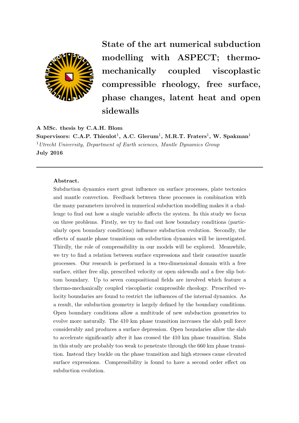 State of the Art Numerical Subduction Modelling with ASPECT; Thermo