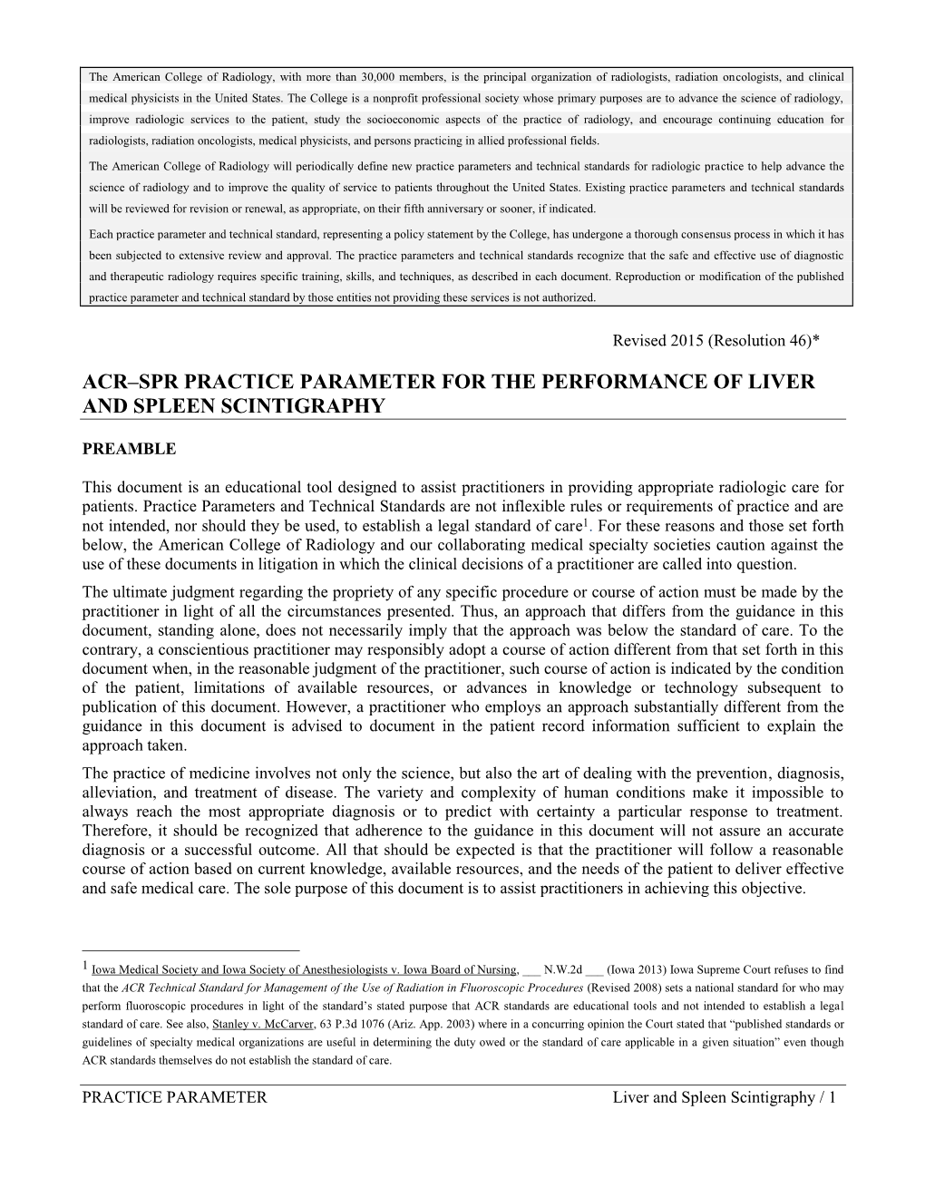 Acr–Spr Practice Parameter for the Performance of Liver and Spleen Scintigraphy