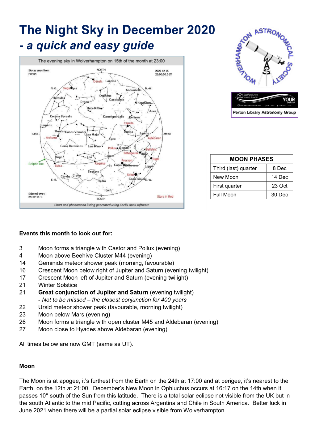 The Night Sky in December 2020 - a Quick and Easy Guide