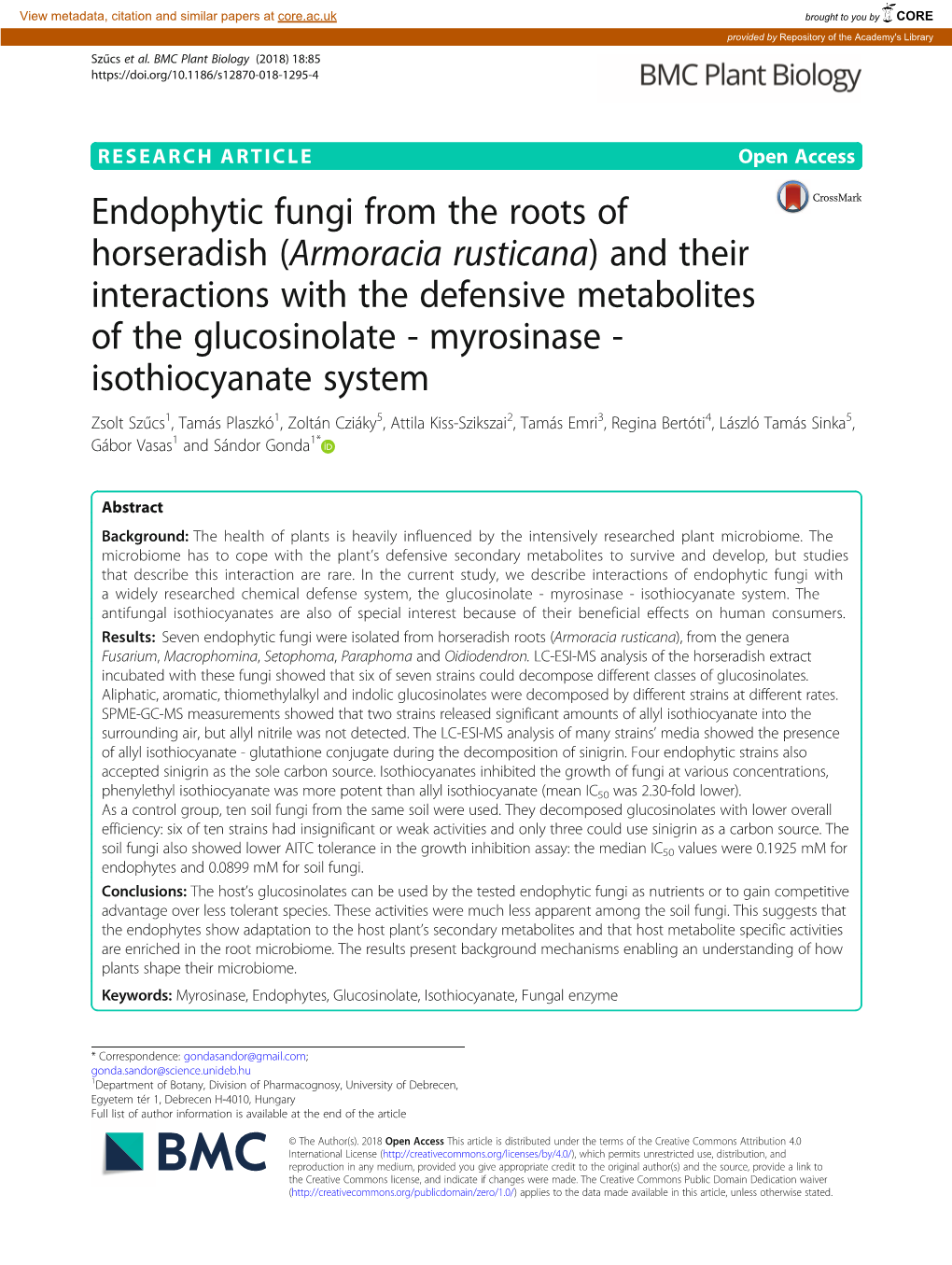 Endophytic Fungi from the Roots of Horseradish (Armoracia Rusticana)