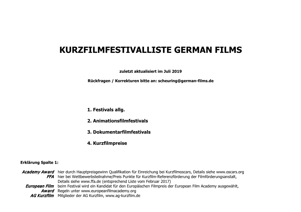 Kurzfilmfestivalliste German Films