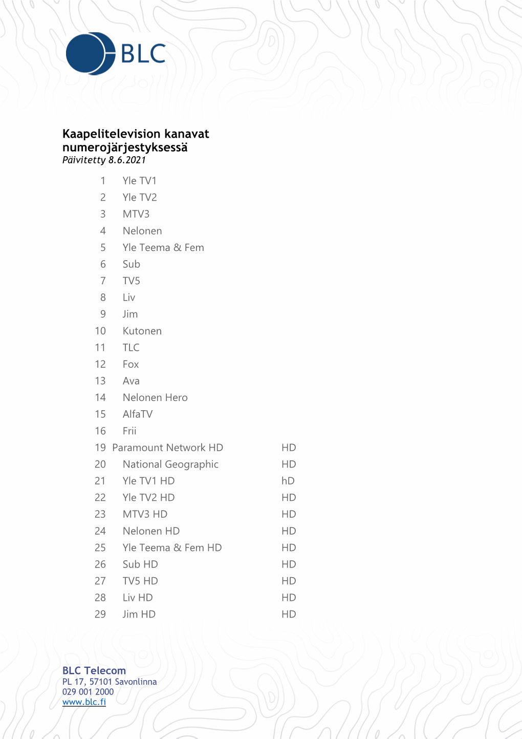 Kaapelitelevision Kanavat Numerojärjestyksessä Päivitetty 8.6.2021