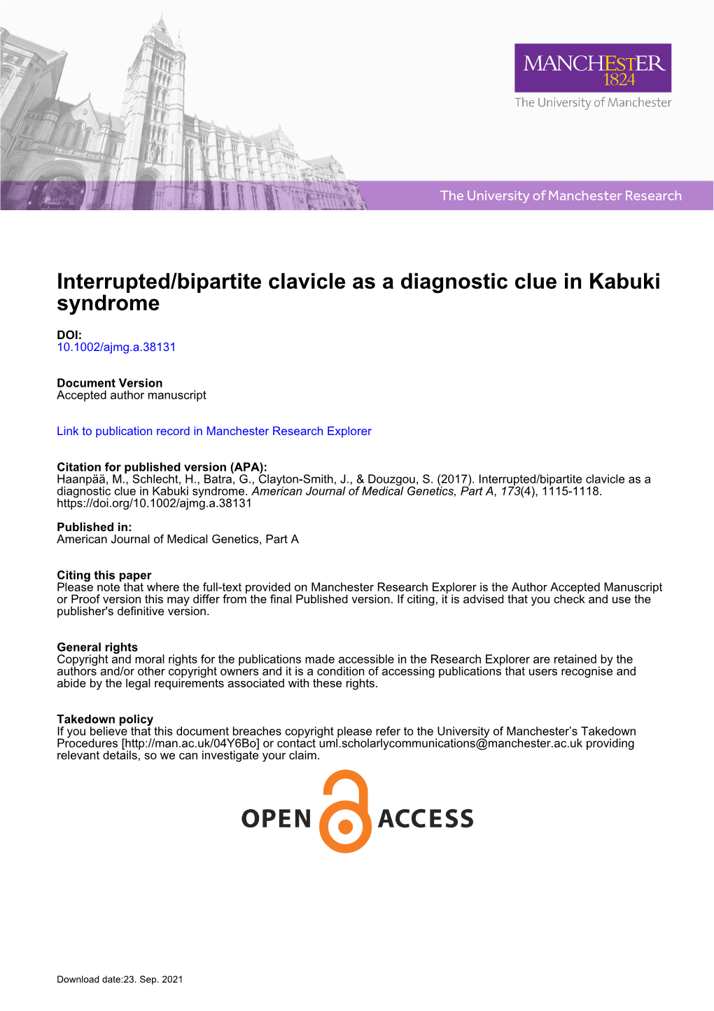 Interrupted/Bipartite Clavicle As a Diagnostic Clue in Kabuki Syndrome