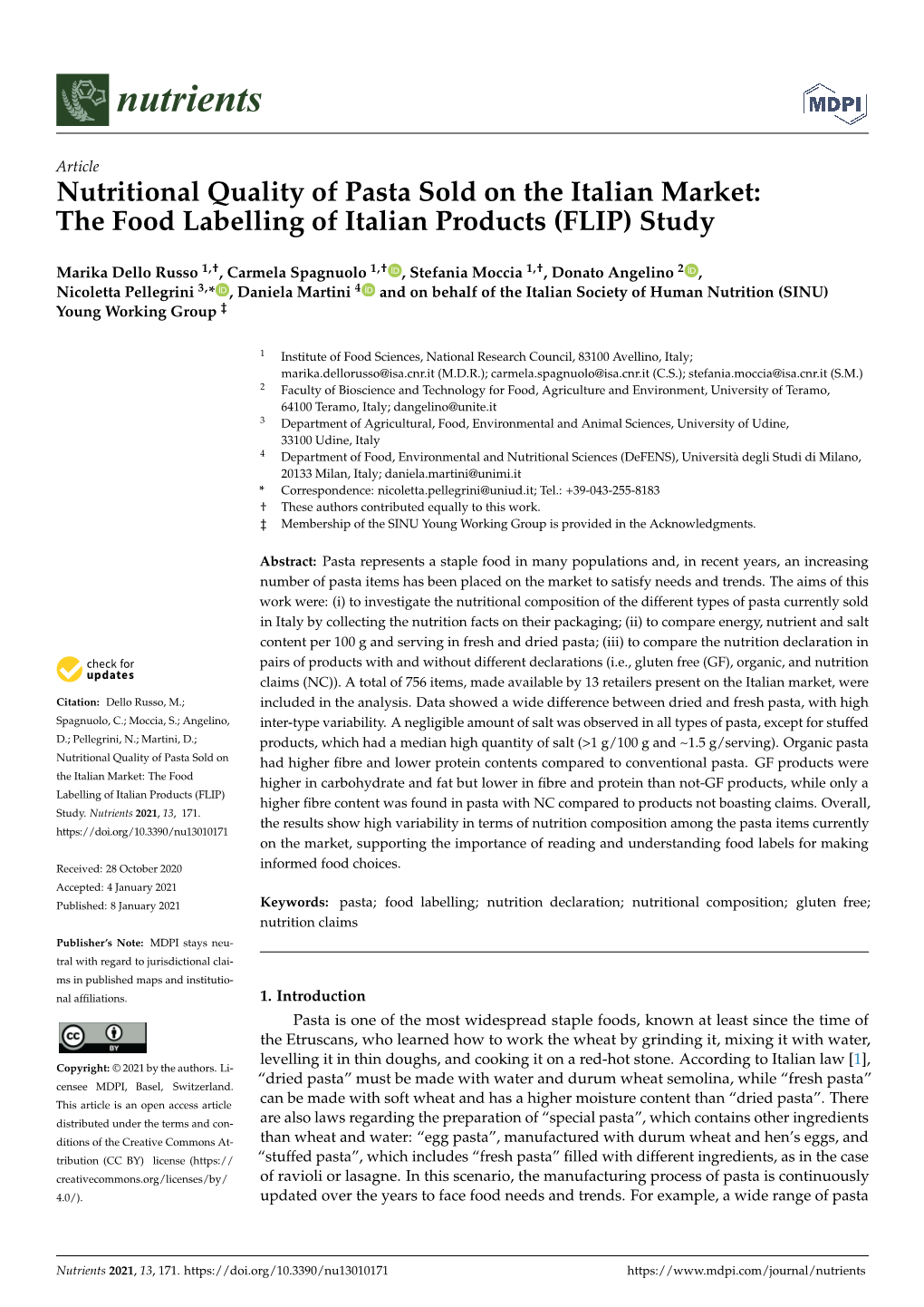 Nutritional Quality of Pasta Sold on the Italian Market: the Food Labelling of Italian Products (FLIP) Study