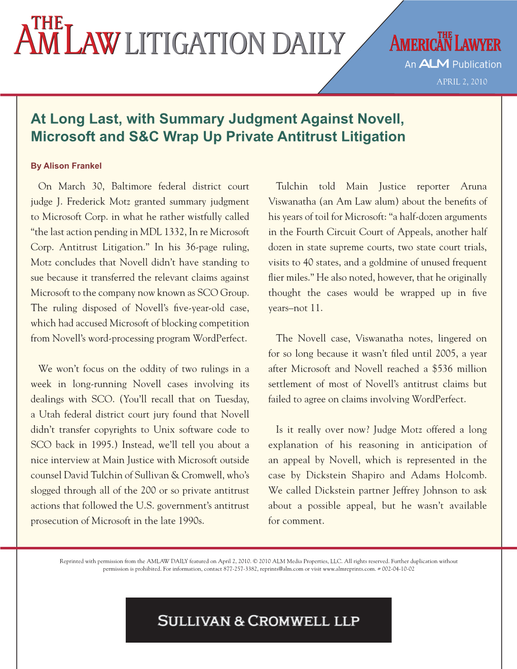 At Long Last, with Summary Judgment Against Novell, Microsoft and S&C