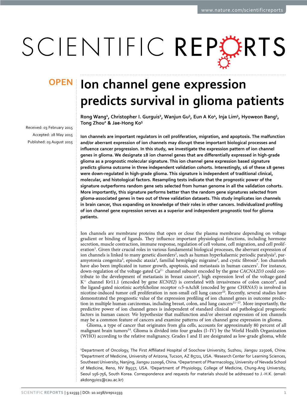 Ion Channel Gene Expression Predicts Survival in Glioma Patients