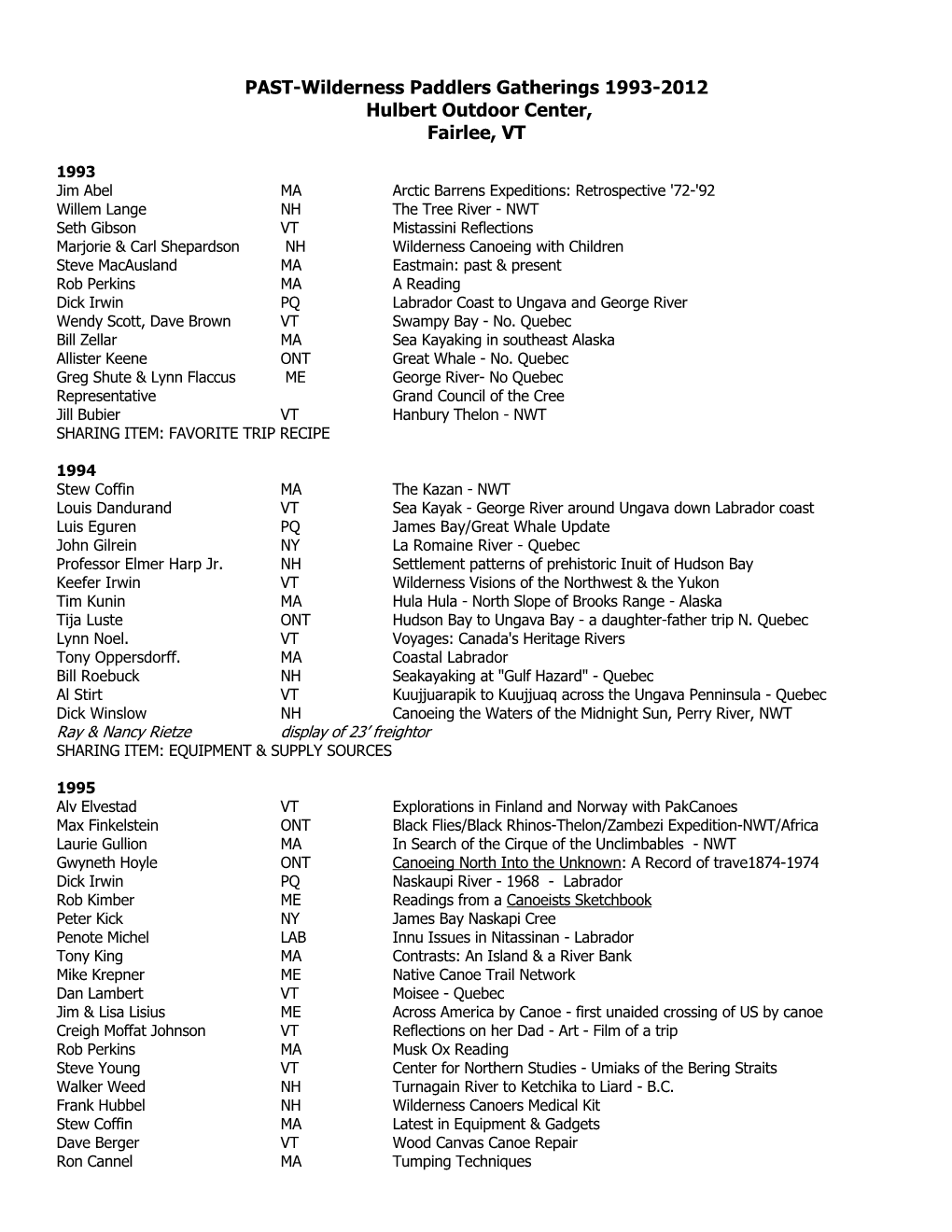 PAST-Wilderness Paddlers Gatherings 1993-2012 Hulbert Outdoor Center, Fairlee, VT