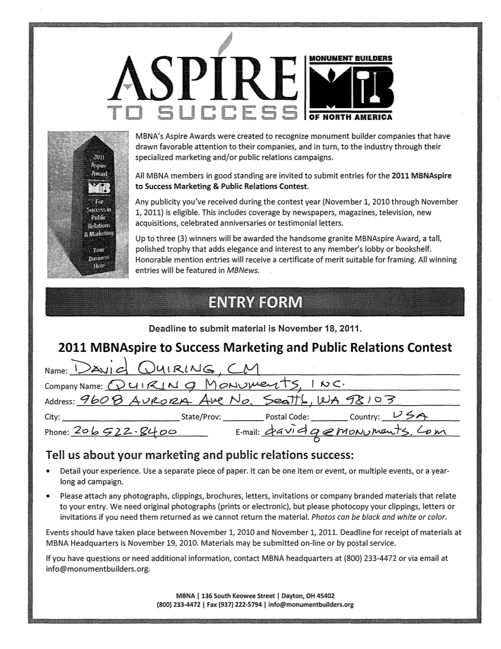 2011 Mbnaspire to Success Marketing and Public Relations Contest C..Ty) Tell Us About Your Marketing and Public Relations Succes