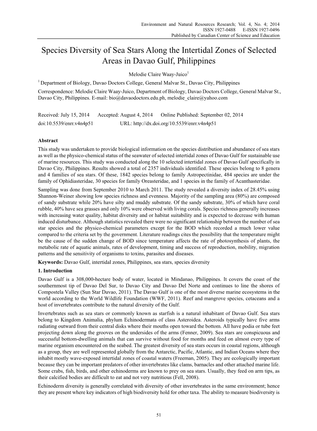 Species Diversity of Sea Stars Along the Intertidal Zones of Selected Areas in Davao Gulf, Philippines