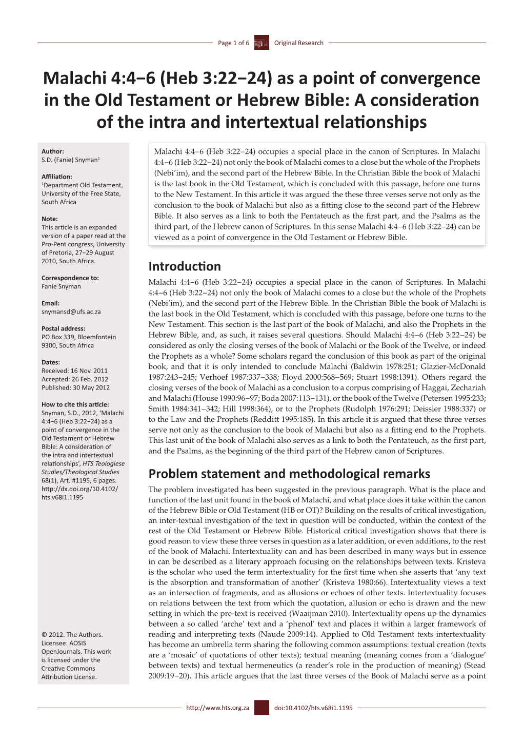 Malachi 4:4−6 (Heb 3:22−24) As a Point of Convergence in the Old Testament Or Hebrew Bible: a Consideration of the Intra and Intertextual Relationships