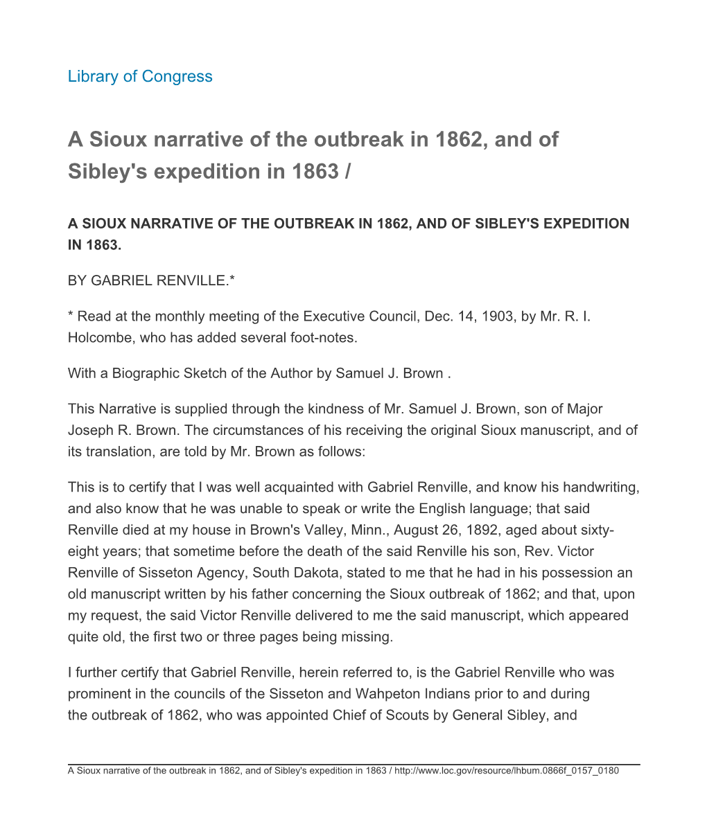 A Sioux Narrative of the Outbreak in 1862, and of Sibley's Expedition in 1863