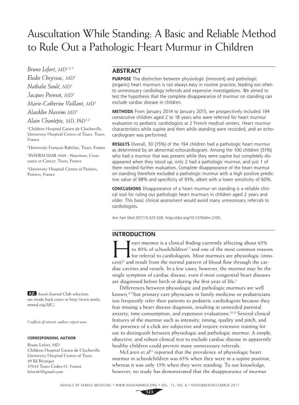 Auscultation While Standing: a Basic and Reliable Method to Rule out a Pathologic Heart Murmur in Children