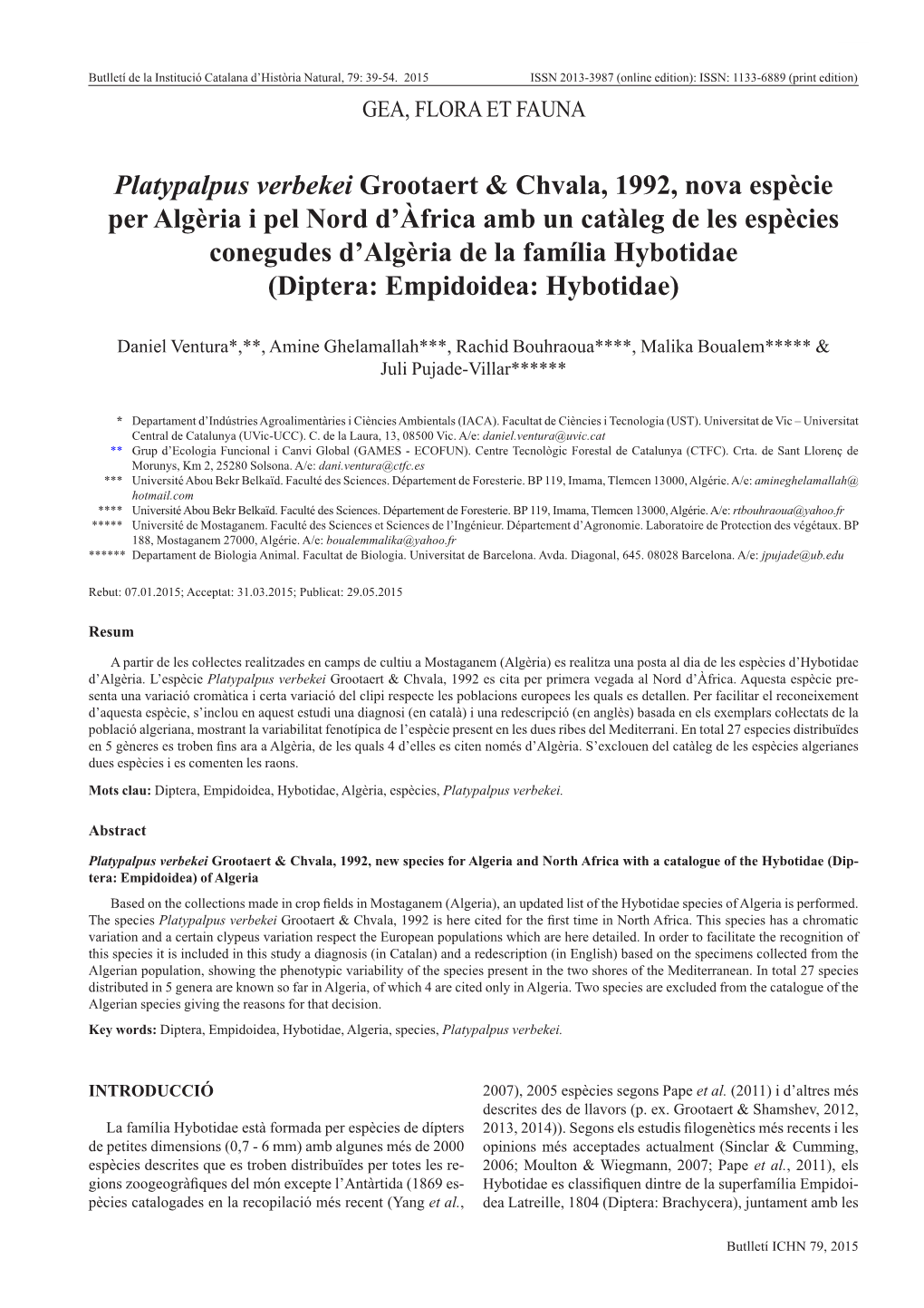 Platypalpus Verbekei Grootaert & Chvala, 1992, Nova Espècie Per