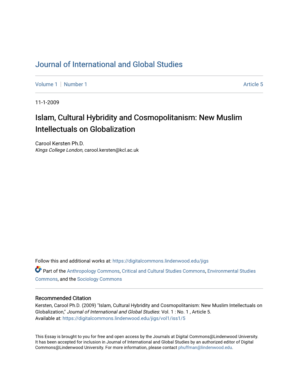 Islam, Cultural Hybridity and Cosmopolitanism: New Muslim Intellectuals on Globalization