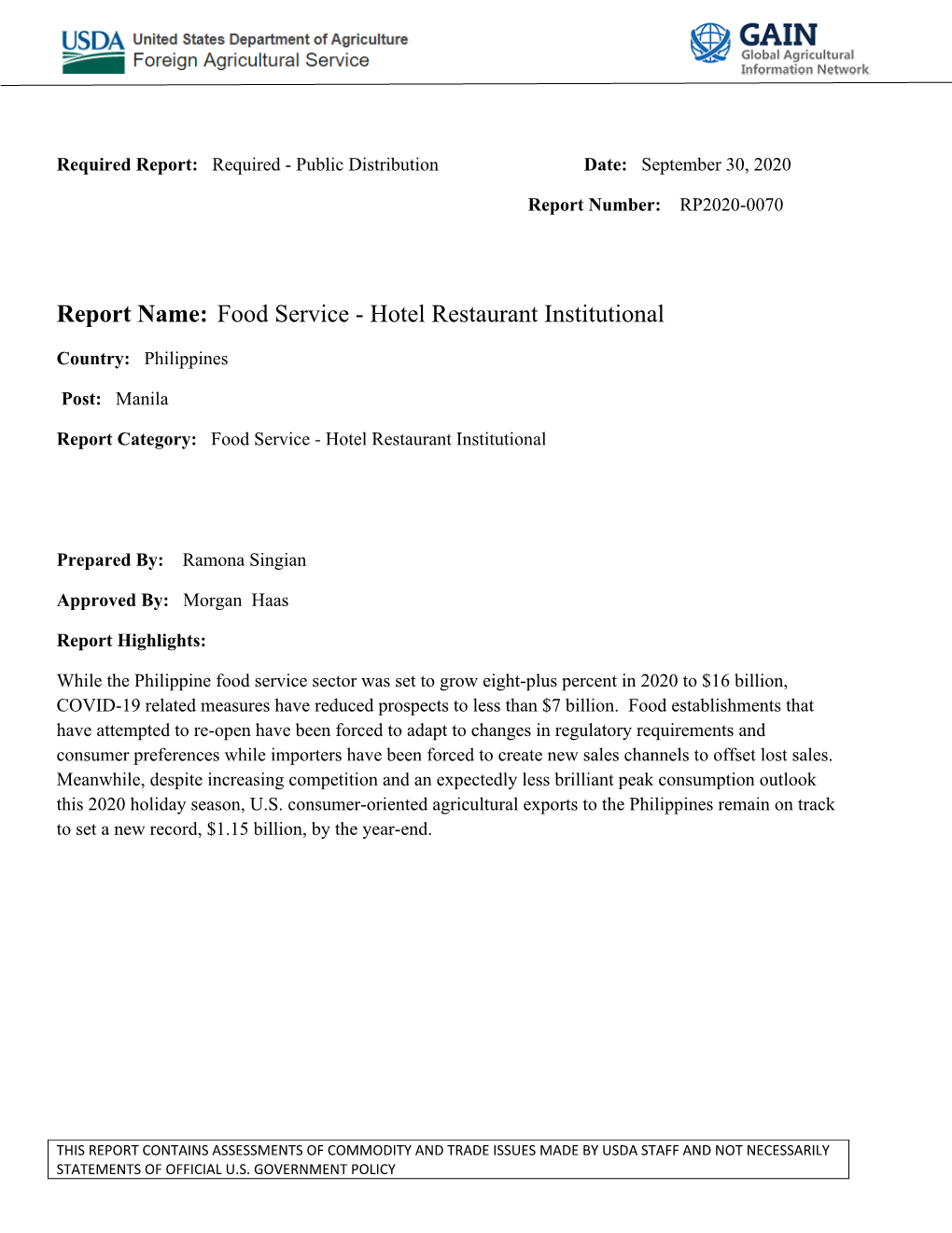 Report Name: Food Service - Hotel Restaurant Institutional