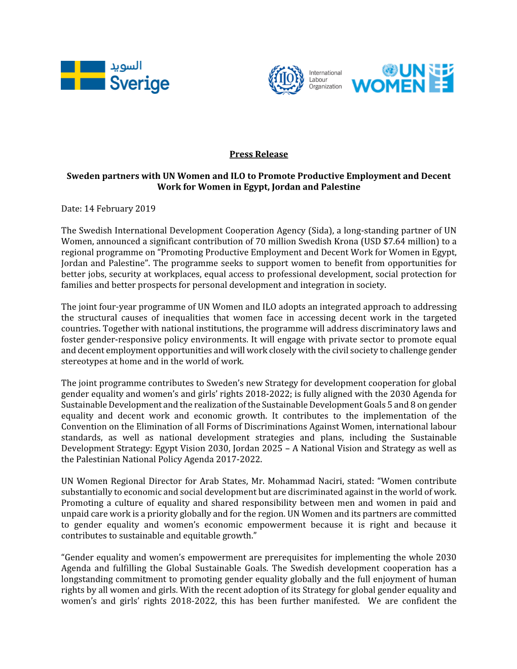 Press Release Sweden Partners with UN Women and ILO to Promote Productive Employment and Decent Work for Women in Egypt, Jordan