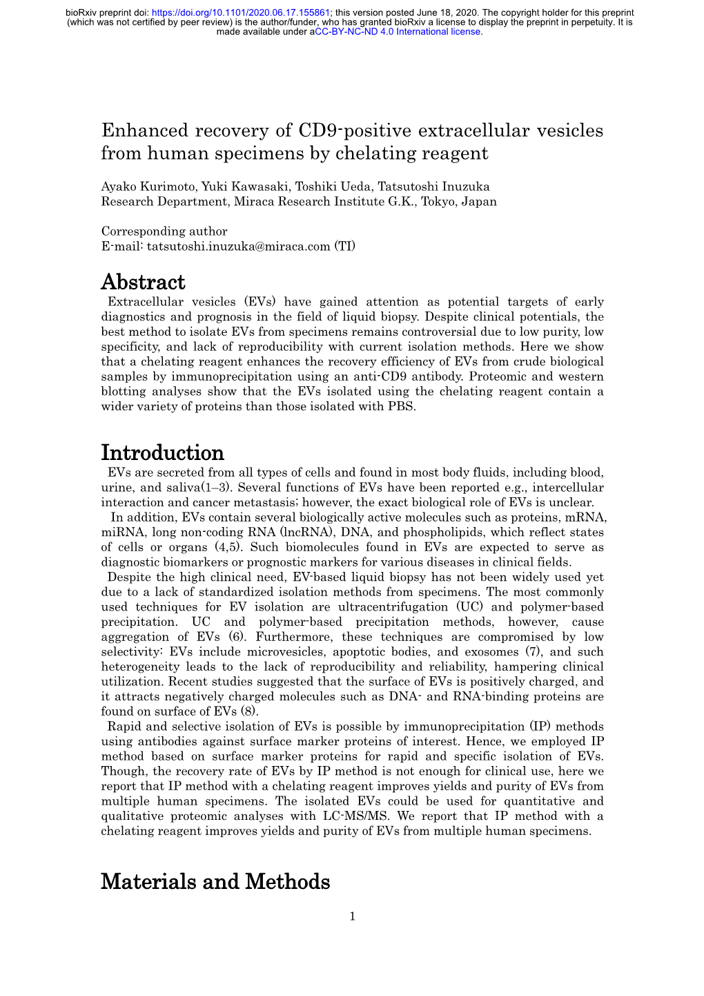 Enhanced Recovery of CD9-Positive Extracellular Vesicles from Human Specimens by Chelating Reagent