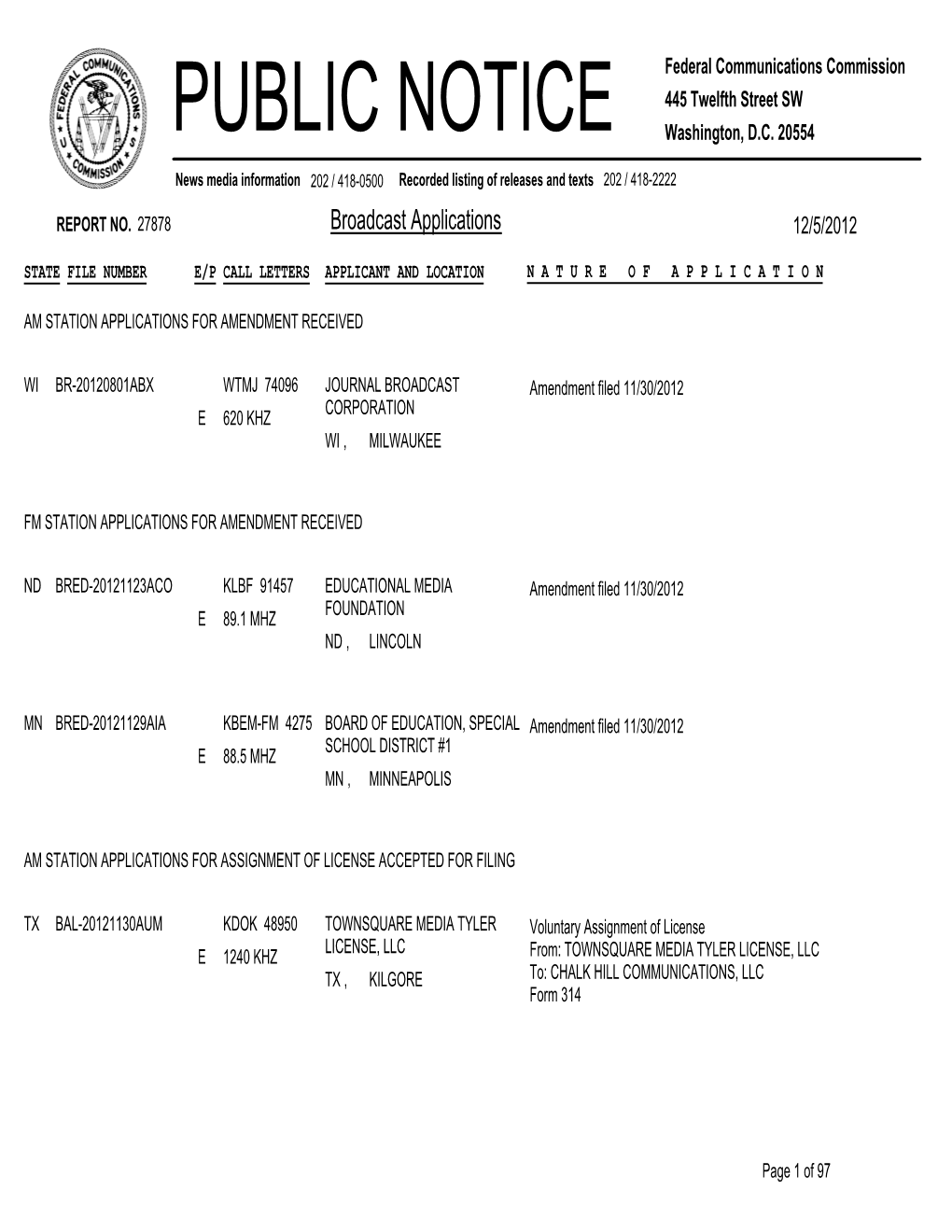 Broadcast Applications 12/5/2012