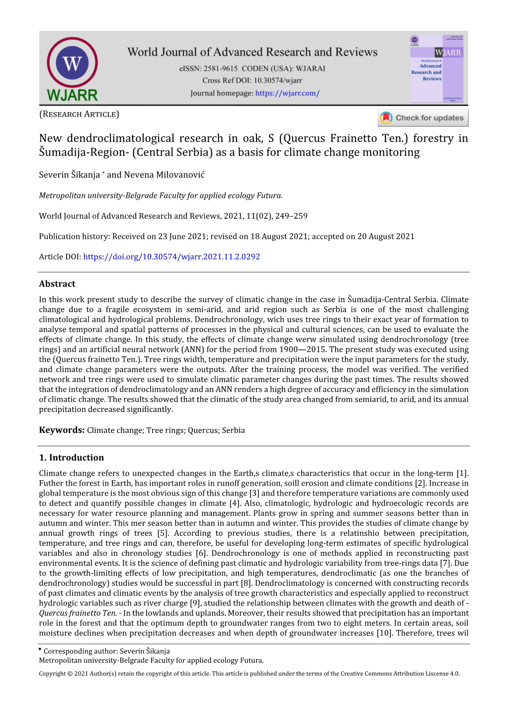 Quercus Frainetto Ten.) Forestry in Šumadija-Region- (Central Serbia) As a Basis for Climate Change Monitoring