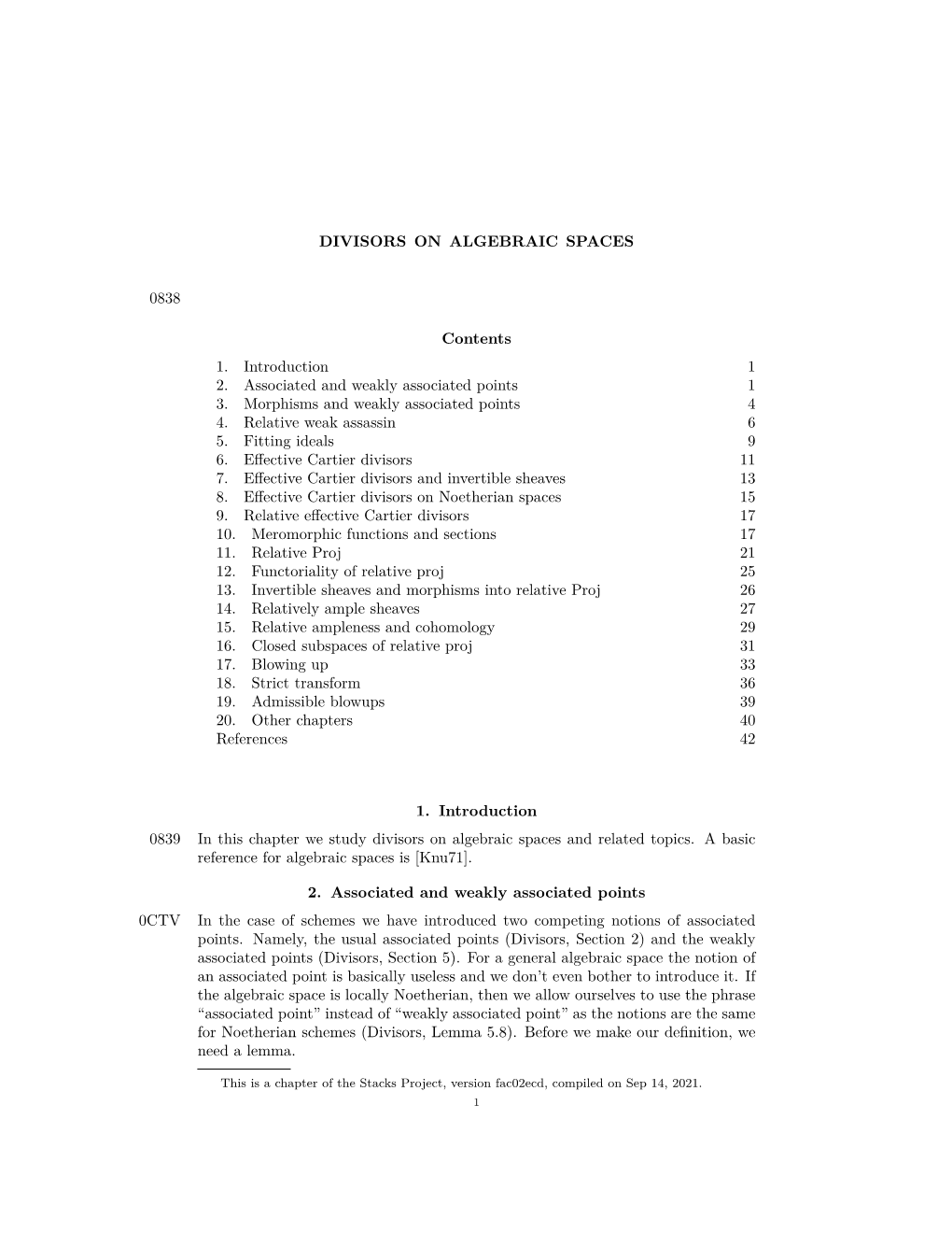 DIVISORS on ALGEBRAIC SPACES 0838 Contents 1. Introduction 1 2