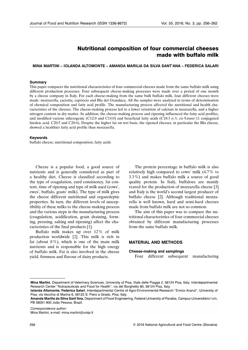 Nutritional Composition of Four Commercial Cheeses Made with Buffalo Milk