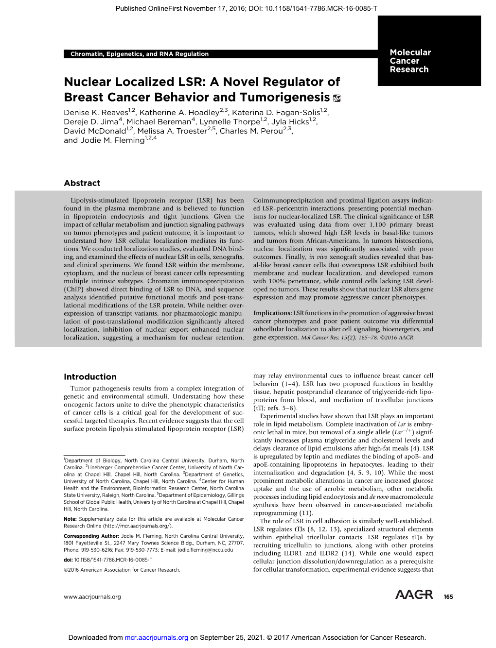 A Novel Regulator of Breast Cancer Behavior and Tumorigenesis Denise K