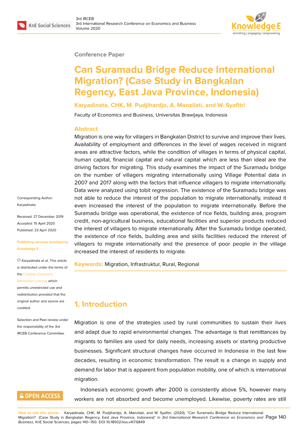 Can Suramadu Bridge Reduce International Migration? (Case Study in Bangkalan Regency, East Java Province, Indonesia) Karyadinata, CHK, M