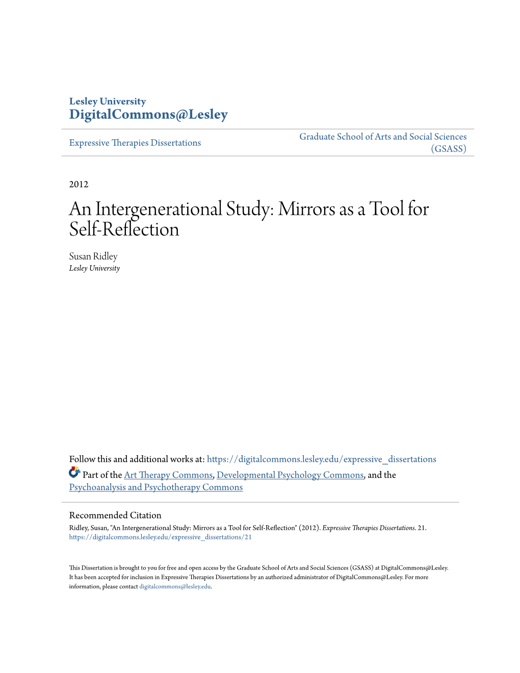 Mirrors As a Tool for Self-Reflection Susan Ridley Lesley University