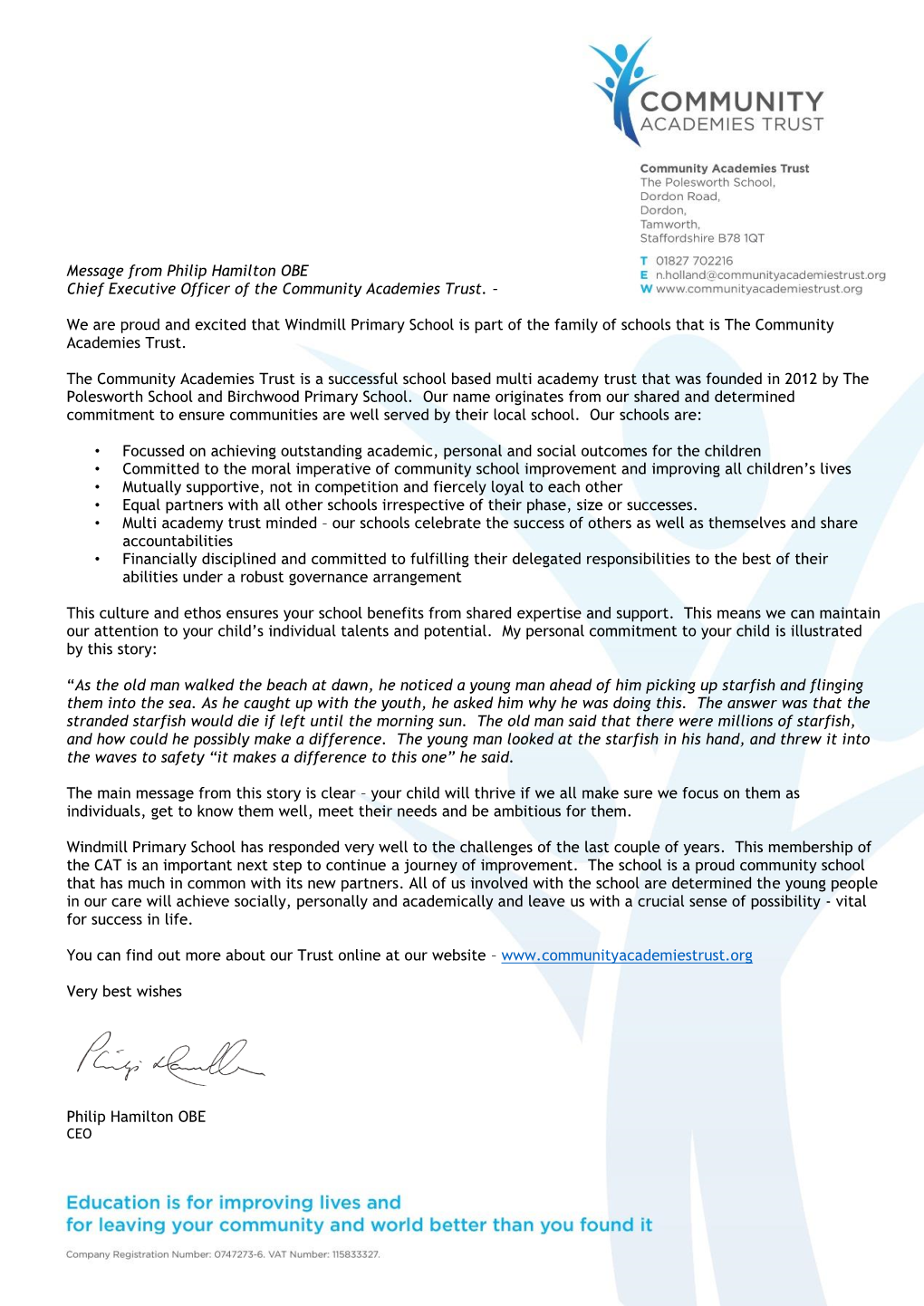 Message from Philip Hamilton OBE Chief Executive Officer of the Community Academies Trust