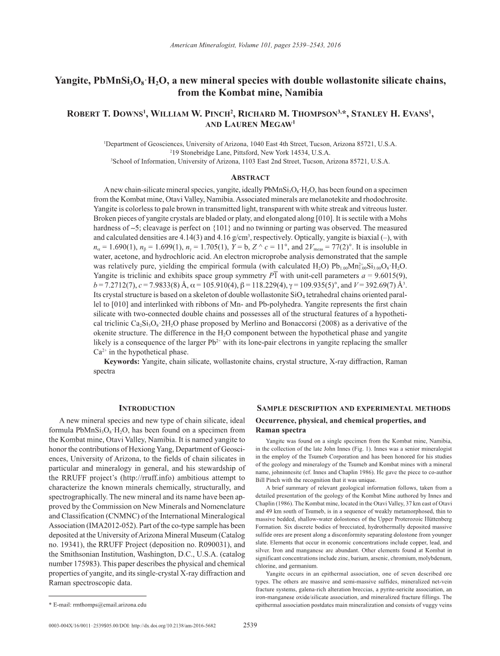 Yangite, Pbmnsi3o8·H2O, a New Mineral Species with Double Wollastonite Silicate Chains, from the Kombat Mine, Namibia