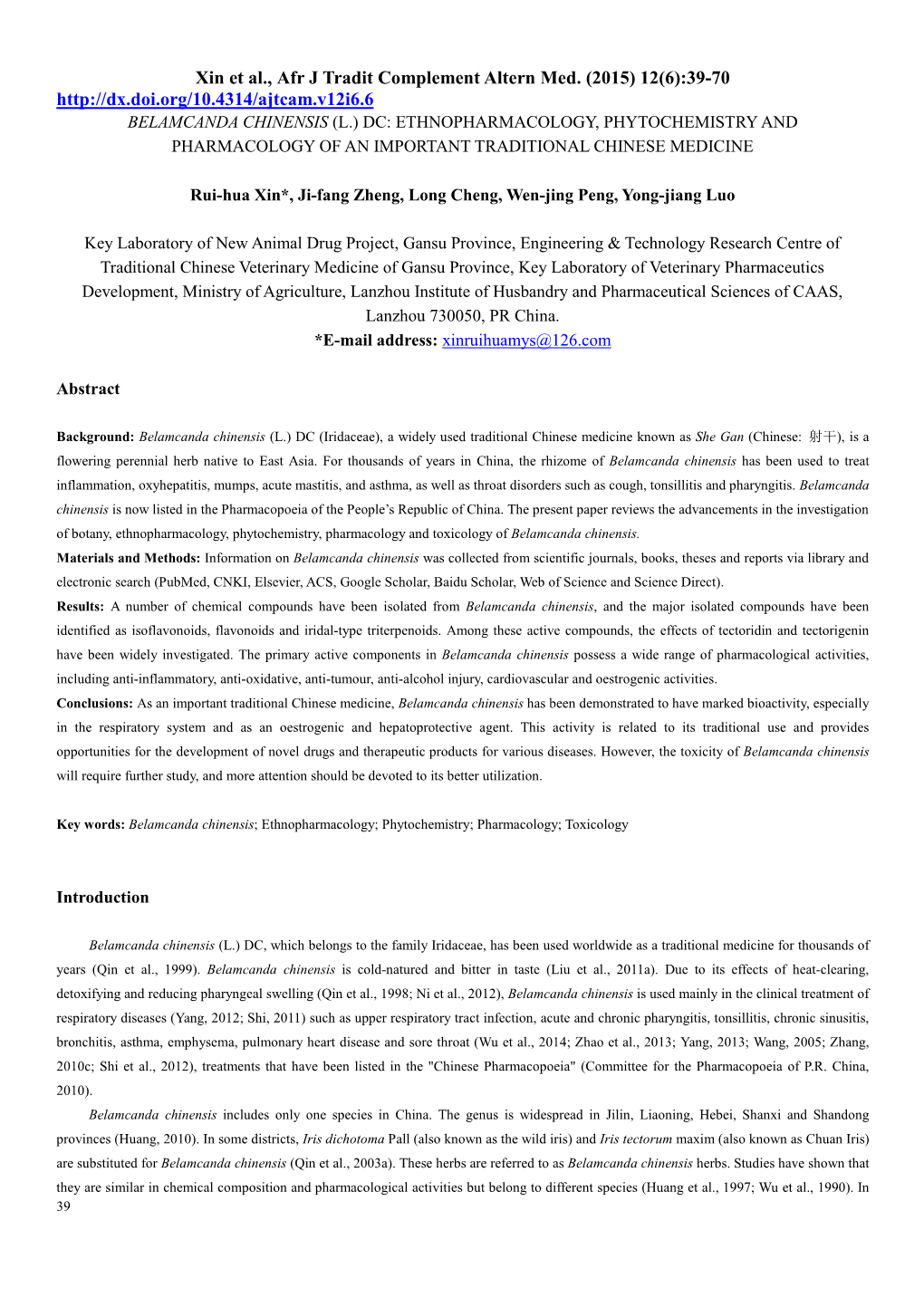 Xin Et Al., Afr J Tradit Complement Altern Med. (2015) 12(6):39-70