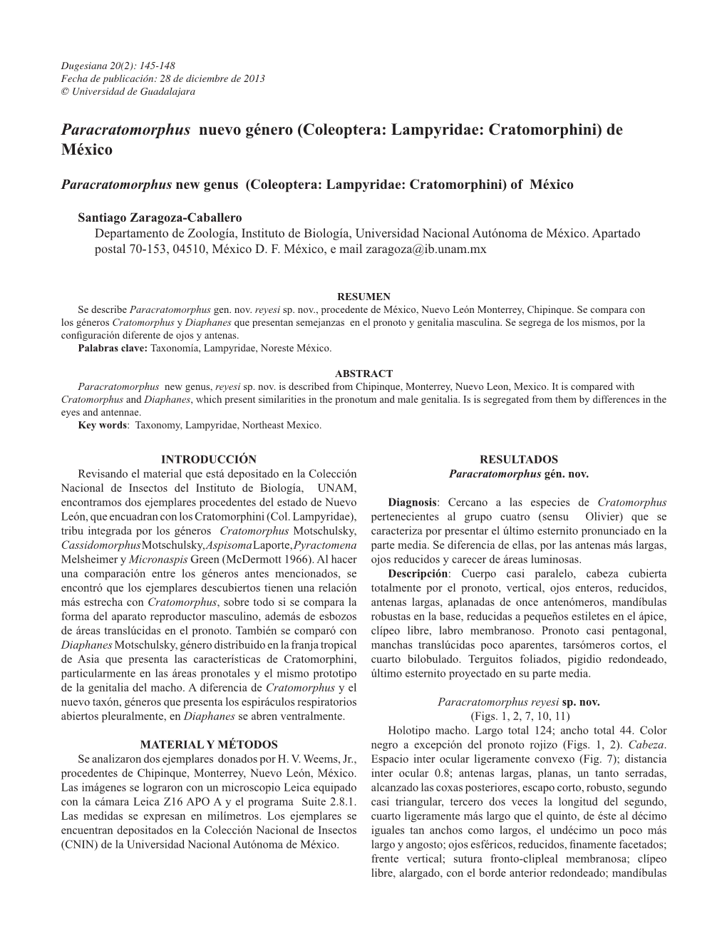 Coleoptera: Lampyridae: Cratomorphini) De México