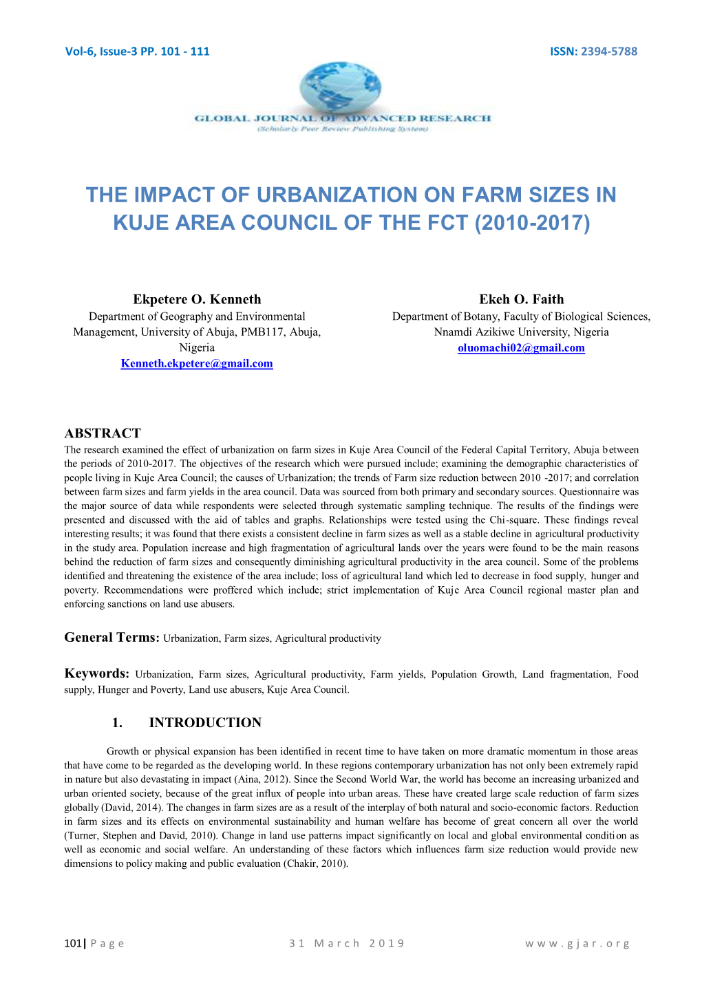 The Impact of Urbanization on Farm Sizes in Kuje Area Council of the Fct (2010-2017)