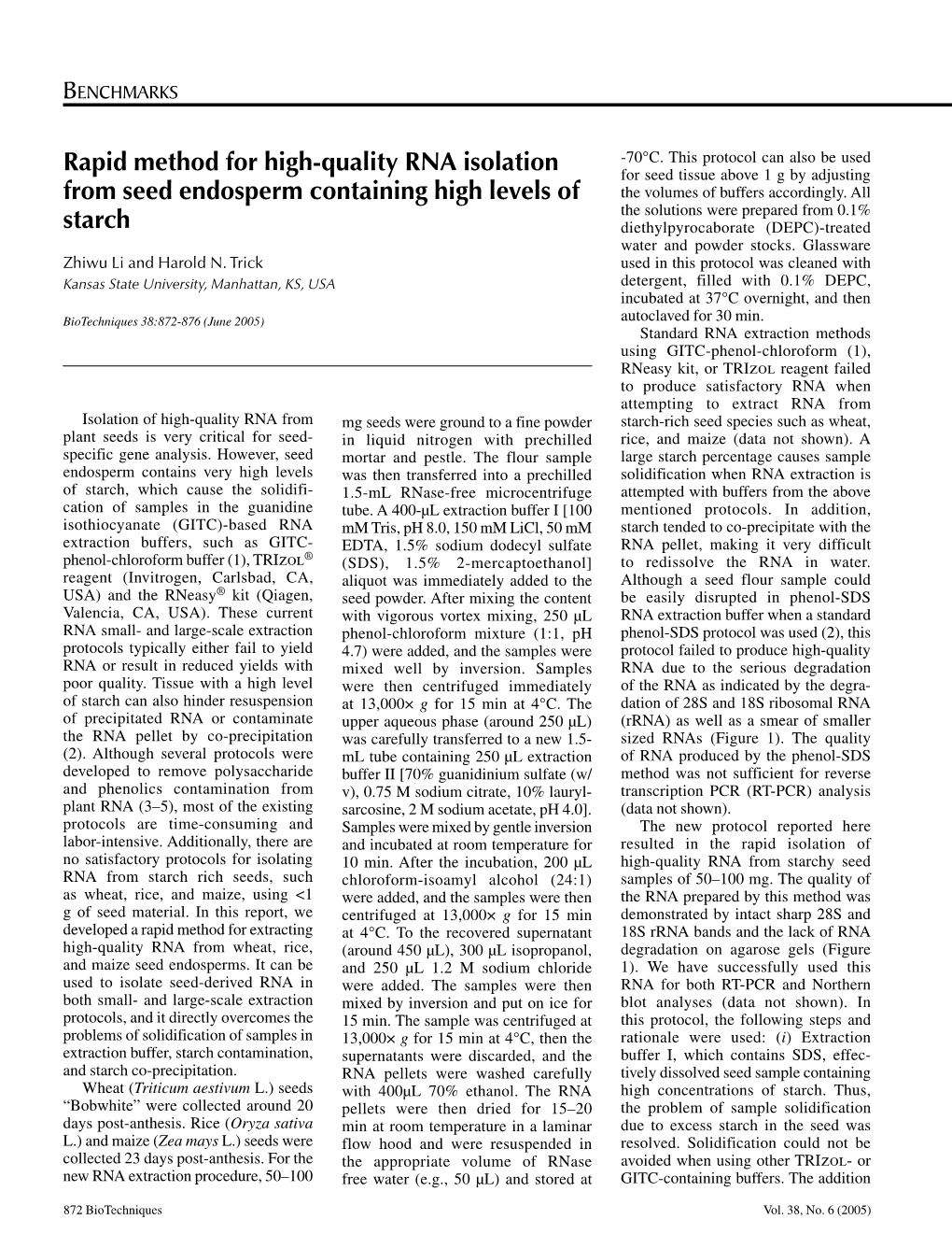 Rapid Method for High-Quality RNA Isolation from Seed Endosperm