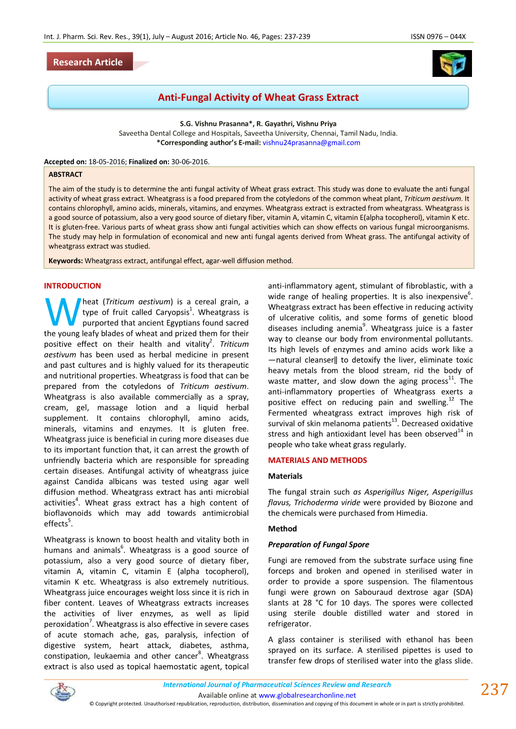 Anti-Fungal Activity of Wheat Grass Extract