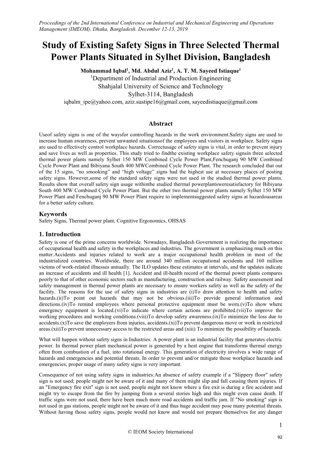 Study of Existing Safety Signs in Three Selected Thermal Power Plants Situated in Sylhet Division, Bangladesh Mohammad Iqbal1, Md