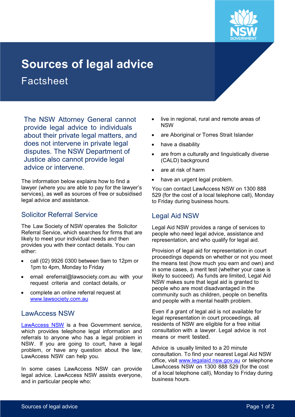 Sources of Legal Advice Factsheet