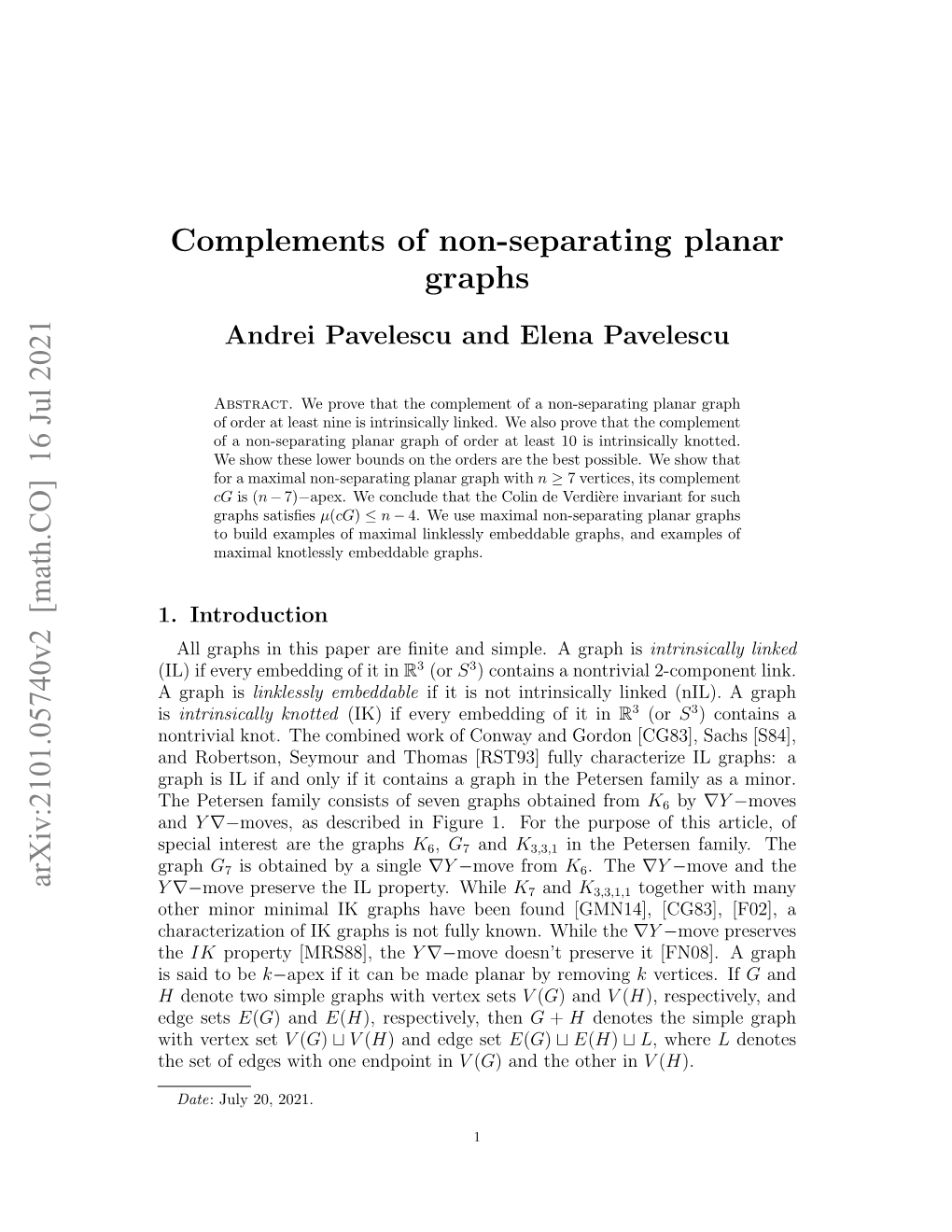 Complements of Non-Separating Planar Graphs Arxiv:2101.05740V2