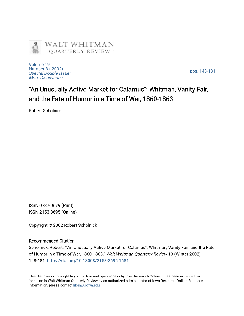 Whitman, Vanity Fair, and the Fate of Humor in a Time of War, 1860-1863