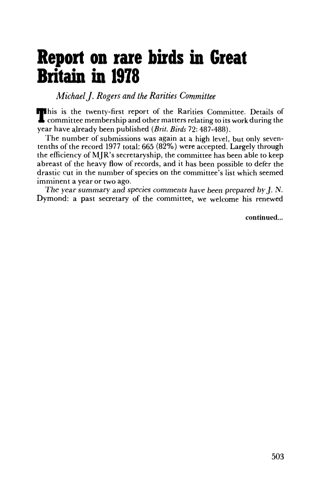 Report on Rare Birds in Great Britain in 1978 Michael J