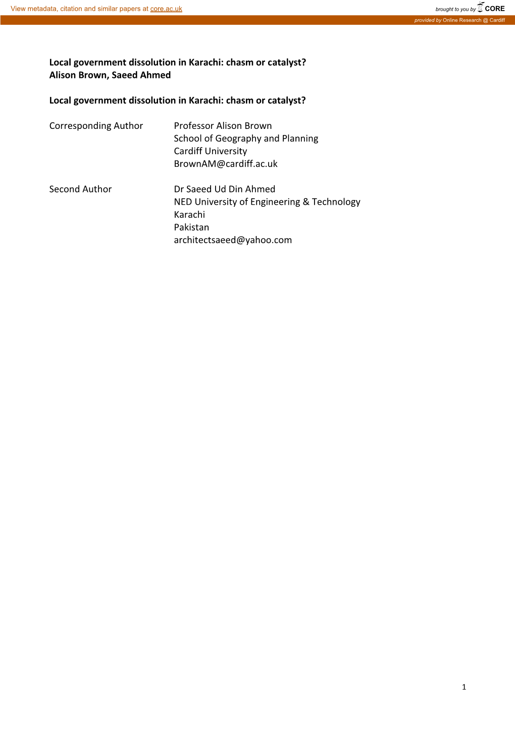 Local Government Dissolution in Karachi: Chasm Or Catalyst? Alison Brown, Saeed Ahmed