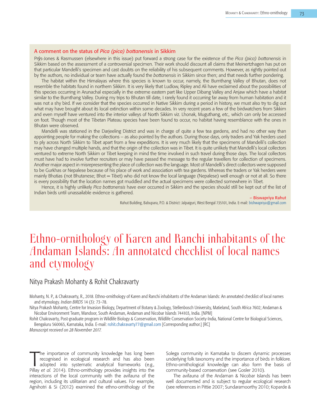 Ethno-Ornithology of Karen and Ranchi Inhabitants of the Andaman Islands: an Annotated Checklist of Local Names and Etymology