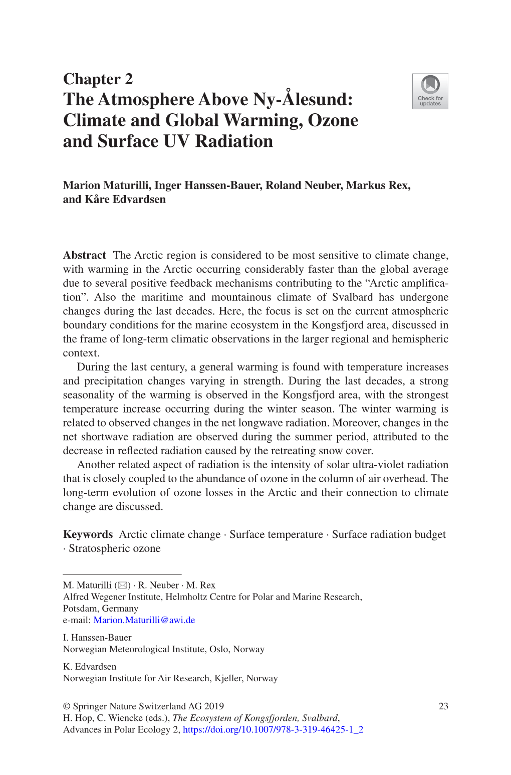 The Atmosphere Above Ny-Ålesund: Climate and Global Warming, Ozone and Surface UV Radiation