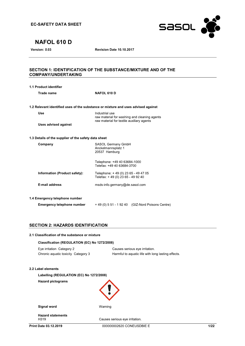 NAFOL 610 D Version: 5.03 Revision Date 10.10.2017