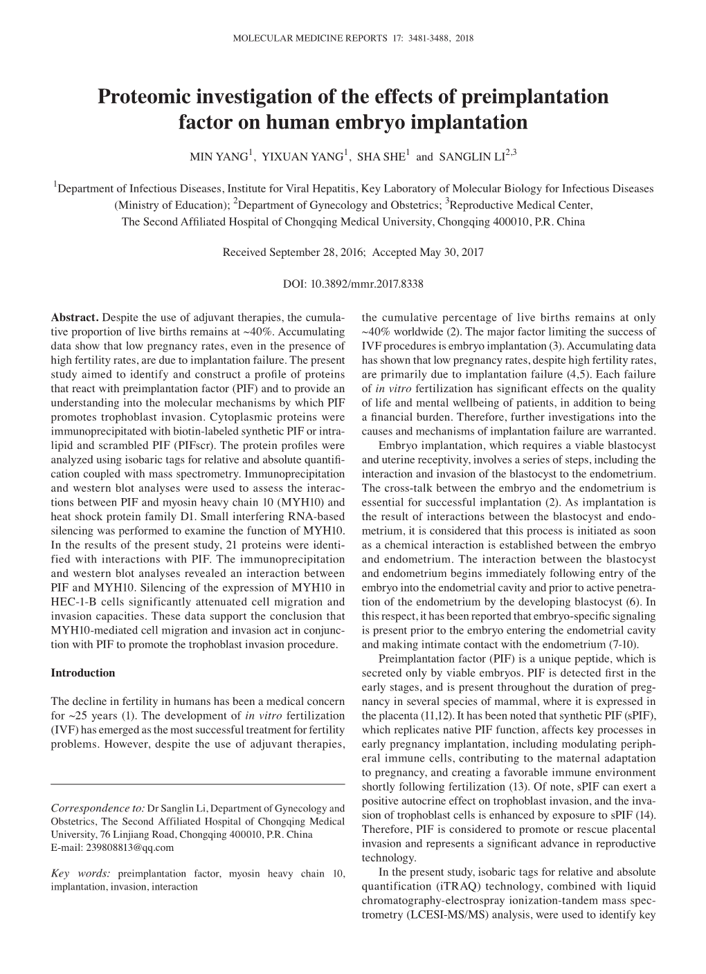 Proteomic Investigation of the Effects of Preimplantation Factor on Human Embryo Implantation