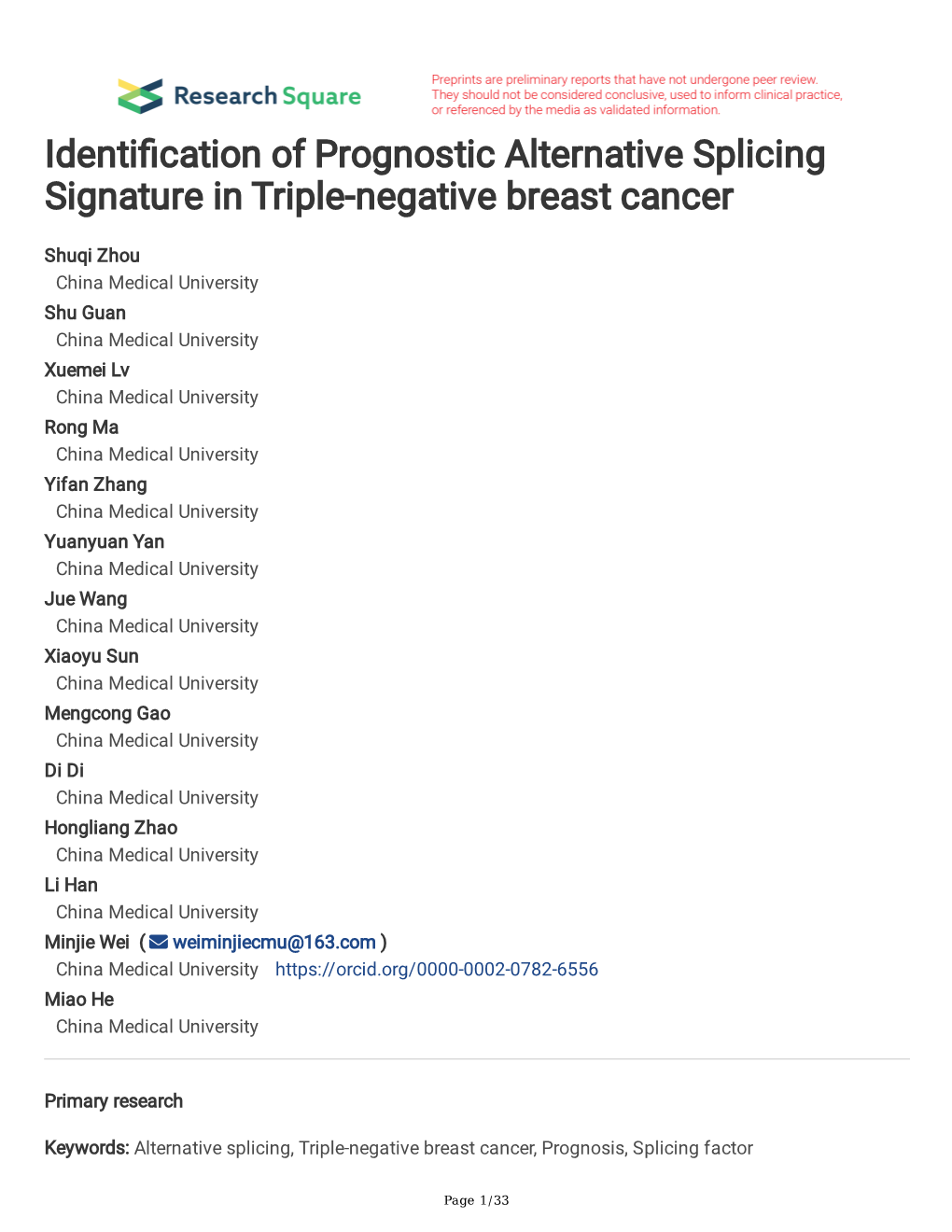 Identi Cation of Prognostic Alternative Splicing Signature in Triple